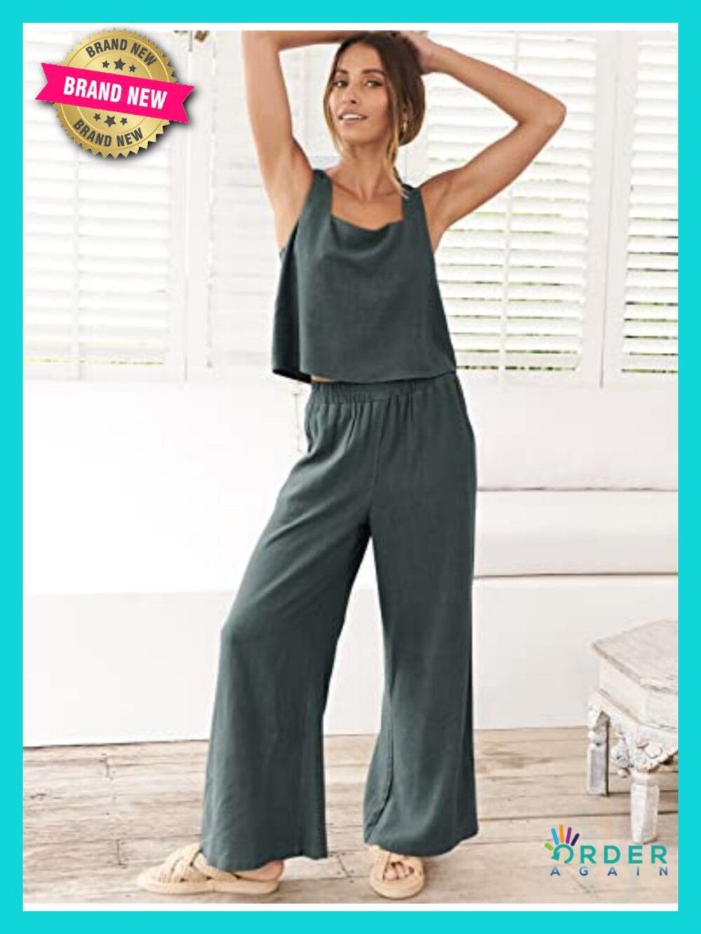2 Piece Linen Set Crop Tank Wide Leg Pants Lounge Wear - Picture 2 of 6